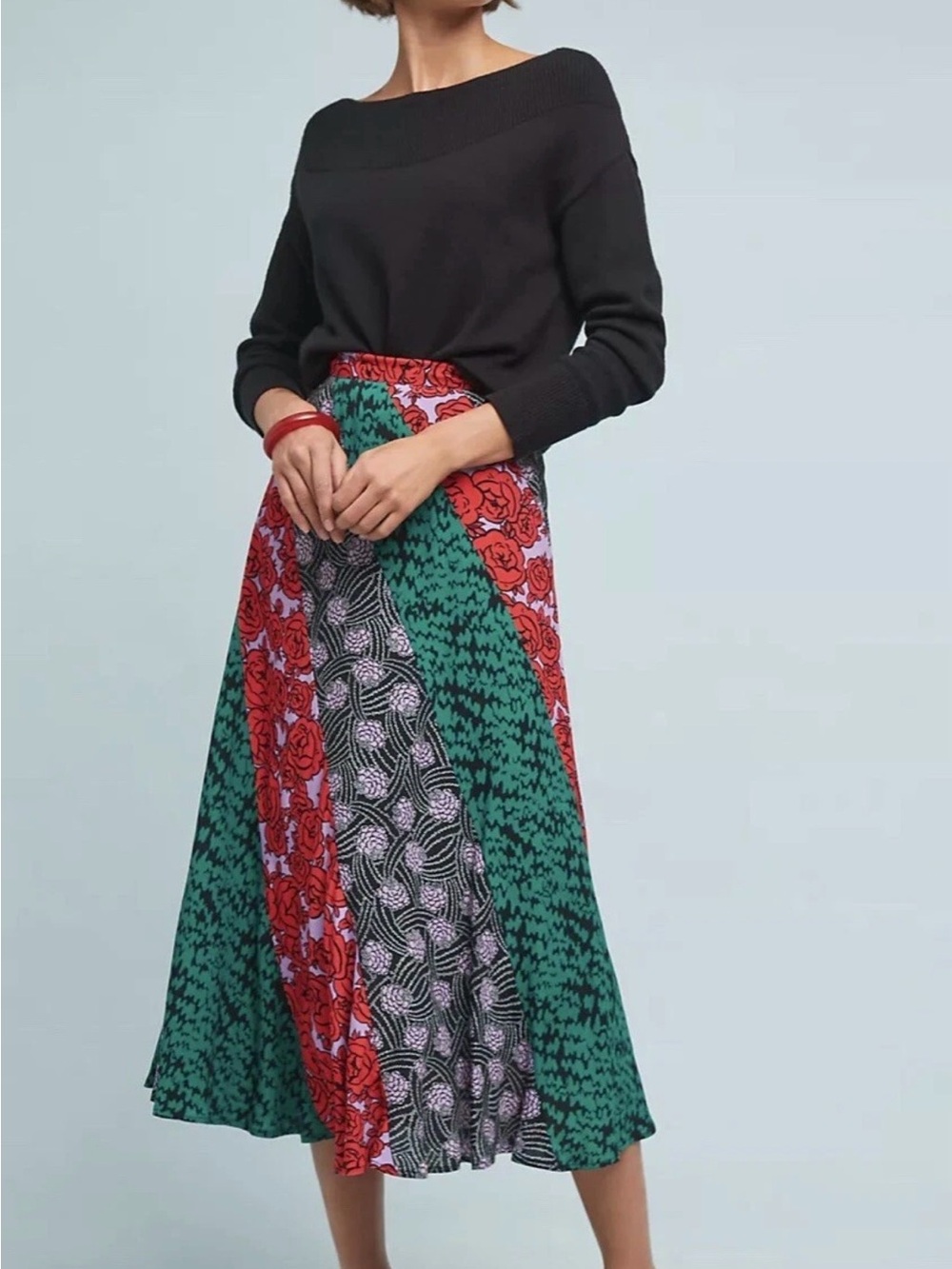 Anthropologie Maeve Patchwork Midi Skirt in Green, Red, Black and Pink Size 10